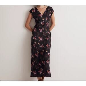 MADEWELL | Black Floral Wide V Neck Midi Dress Vegan Silk 1920s Style | Size 8